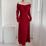 Zingj Hepburn Style Advanced Sexy Shoulder Black Long-Sleeved Knitted Dress Women's Autumn Temperament Slim