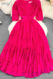 Women Pleated Long Dress Vintage V-Neck Short Sleeve High Waist A-Line Green/Blue/Brown Big Swing Maxi Vestidos