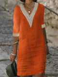 And Summer New Solid Color V-Neck Sleeve Cotton Temperament Elegant Dress