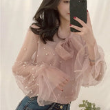Bow Beading Pink Spring Gauze White Blouse 2020 Summer Women Chiffon Shirt Female Blouses Top Office Shirts Blusas 4323