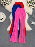 Women Diamond Patchwork Pants Vintage High Waist Wide Leg Trouser Elegant Pink/Blue/Red Casual Pant New Fashion