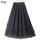 Tulle Long Skirts Womens Spring Summer Korean Style Solid High Waist A-Line Tutu Skirt Female Mesh Pleated Maxi