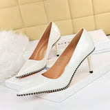 Zingj Sexy Super High Heel Retro Metal Chain Riveted Painted Leather Shallow Pointed High Heels Women's Singles
