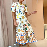 Women's 2025 Ama's New Elegant Fruit Prints Waist-Round Collar Dress Dress