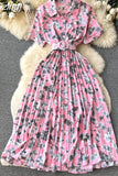 Women Floral Pleated Chiffon Dress Vintage Turn-Down Collar Short Sleeve Single Breasted Printed Draped Midi Vestidos