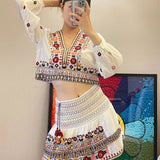 Women's Summer New Retro V-Neck National Style Embroidered Top + High-Waisted Cascade Skirt