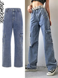 Brown Vintage Baggy Jeans Women 90s Streetwear Pockets Wide Leg Cargo Pants Low Waist Straight Denim