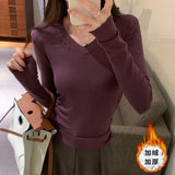 V-Collar Slim Wrinkle Waist Long-Sleeved T-Shirt Women's Autumn And Winter New Plush Plush Bottomed