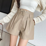 Autumn Winter Women's Faux PU Leather Shorts with Belted New High Waist Ladies Elegant Short Trousers Pocket