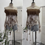 Shot Shoulder Cross Hanging Neck Knitting Mesh Yarn Coat Irregular Ribbon Horn Long-Sleeved T-Shirt