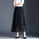 Midi Long Lace Skirts Spring Summer Elastic High Waist Female Mesh Pleated Skirt Fairy