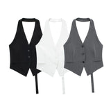 New Single-Breasted Shoulder Buckle Collar Halter Vest