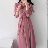 Autumn Women Casual Elegant Lace-up Shirt Dress Female Fashion A-Line Midi Dress Office Lady