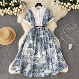 Court Style High-End Short-Sleeved Printed Dress Woman Waist Design Minority Chic Super Immortal Temperament Long