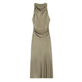 New Spring Style Silk Satin Slim Flute Dress
