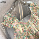 T-shirts Women Sweet Holiday Slim Short-sleeve Folds Design French Style Vintage Print Tops Young Hot Summer