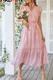 Women's Dresses Pink Dress Women Outfits Elegant Puff Sleeve Floral Dress Sexy V Neck Summer Dress Women