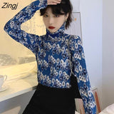Women Turtleneck Spring Autumn Long Sleeve Female Top Vintage Floral Slim Trendy All-match Folds Chiffon Inside Basic