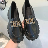 Women Spring New Black Platform Flats Shoes Women Loafers Slip on Boat Shoes Metal Chain Designer Casual Leather