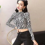 High Neck Leopard Print Fitted Pullovers Long Sleeve Tee Shirt Autumn Casual Women