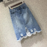 VAREY LIN 2022 New Spring Women Denim Skirts Casual Lace Irregular A-line Skirts High Waist Hole Split Denim Skirt