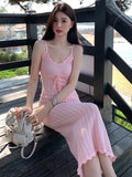 Zingj Pink Lace Sexy Sling Dress Women's Summer Waist V-Collar Knitted Skirt Hollowed-Out Hip