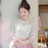 Summer Elegant Temperament Shirt Women's O-neck Half Sleeve Lace Blouses Female Hollow Out Solid Color Tops Plus