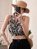 Floral Print Sleeveless Tank Top Women V-neck Halter Off Shoulder Vintage Beach Style Sexy Backless Tees Summer