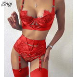 Women Spaghetti Strap Patchwork Sexy Chic Eyelash Lace Garter Lingerie Set Sheer Plain Christmas