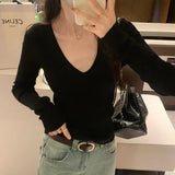 Wind Black Thin V-Neck Knitted Sweater Women's Autumn And Winter New Ins100 Long-Sleeved