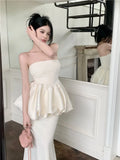 Hot Girl Suit Women's Summer Ruffle Strapless Vest High Waist Mermaid Long Skirt Two-piece Set Fashion Female