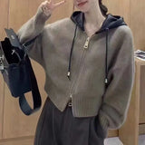 Zingj Goods Autumn Winter Contracted Design Sense Hooded Double Zipper Lazy Wind Knit Sweater Cardigan Coat Female