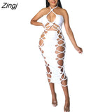 Summer Bodycon Dress Women Fashion Streetwear Backless Halter Midi Dresses Party Hollow Sheath Bohemian