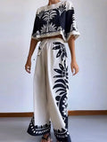 Printed Pants 2 Piece Sets Women Fashion O Neck Short Sleeved Cropped Tops And Wide Legs Pant Suits Lady Causal