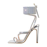 Onlymaker Women's Summer Crystal Lace-Up Stiletto High Heel Sandals Multicolor Square Toe Cross Strap PVC Bling