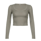 Breathable Solid Color U-Collar Slim And Slim Long-Sleeved Leisure T-Shirt 2024 Fashion New