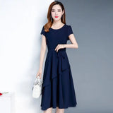 Women's Solid Color Summer Slim Swing Dress Crew Neck Elegant Office Versatile Slim Women Dresses