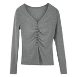 V-Collar Pleated Shoulder Long-Sleeved T-Shirt A New Spring Style Slim Design With A Bottomed