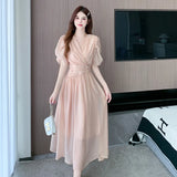 New French Midi Dresses for Women 2023 Elegant Party V-neck Bubble Sleeve Small Fresh Temperament A-line Female