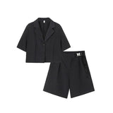 Fashion Simple Solid Color Suit Single Breasted Short Sleeve Blazer + Knee Length Pants England Style 2 Piece