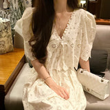 Zingj Chic Niche Temperament V Neck Hollow Lace Embroidered Jacket Women High Waist Pressure Pleated Skirt Two Sets Of