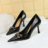 Zingj Retro High Heels Women's Shoes Fine Heel High Heel Shallow Pointed Metal Belt Buckle Decorative Single