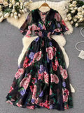 V-Necked Print Chiffon Dress Shows Lean Lotus Leaf Edge Short-Sleeved Waist First Love Fairy