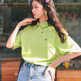 Colors T-shirts Women Candy-color Button Korean Style Chic Trendy College Students Ulzzang Teens Girls Summer Leisure