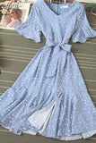 Women Blue/Green/Pink Polka Dot Dress 2023 Vintage High Waist A-line Ladies Vestidos Verano Casual V-neck Dresses