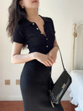 Sleeve Polo Collar Knitted Bodycon Long Dress Women Fashion 2023 Summer Black Sweater Dress Female Streetwear