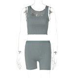 Ribbed Knitted Women 2 Pieces Crop Top Tanks Biker Shorts Set Patchwork Tracksuit Streetwear Sporty 2022 Summer
