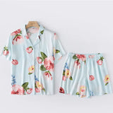 Pajamas Pants Set Viscose Peony Flower Short-sleeved Pyjamas Cardigan Print Home Clothes Suit Ropa Verano Mujer Pjs