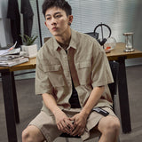 New Retro Tools Pocket Shirt Men's Youth Trend Loose Short-Sleeved Shirt Middle
