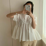 Zingj Chic Summer Careful Machine Back Hollow Tie Doll Shirt Female Loose Solid Color Bubble Sleeves Shirt